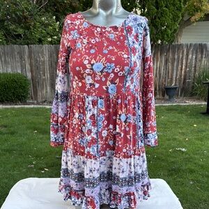 Art Class Floral Boho Dress - Red and Blue
